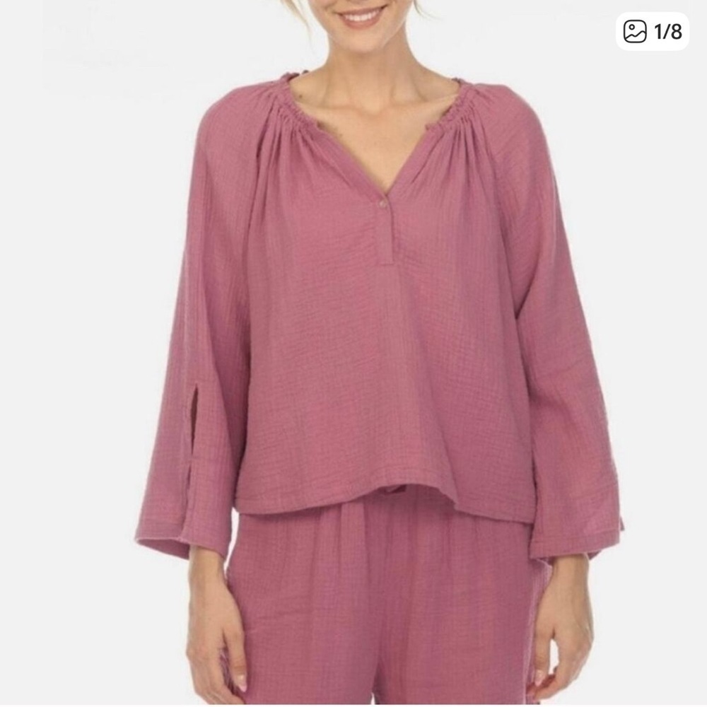 Calme by Johnny Was Liya Pink‎ Split Neck Organic Muslin Cotton Top Women's Sz M